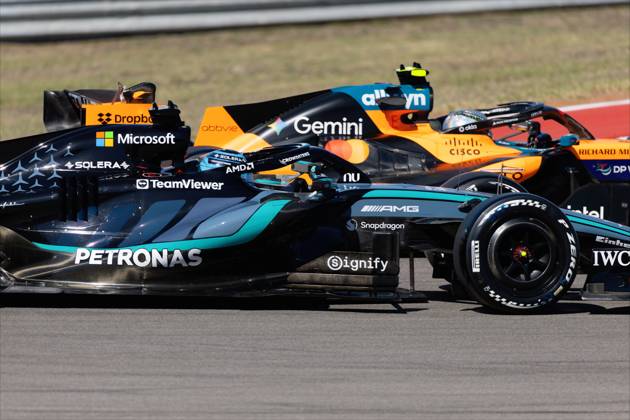 RECORD DATE NOT STATED 23rd October 2026; Circuit of the Americas, Austin, United States; Formula 1, United States Grand Prix, Free Practice Day; George Russell (63) of Great Britain and Mercedes-AMG PETRONAS Formula One Team and Lando Norris (1) of Great Britain and McLaren Mastercard F1 Team during Free Practice 1 BobxKupbens