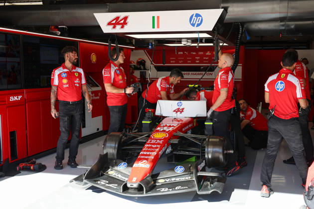AUSTIN, TX - OCTOBER 23: Pit crew members work on the car of Lewis Hamilton (44) of Great Britain and Scuderia Ferrari HP before the second practice session of the Formula 1 MSC Cruises United States Grand Prix on October 23, 2026, at Circuit of The Americas in Austin, Texas.(Photo by David Buono Icon Sportswire) AUTO: OCT 23 F1 United States Grand Prix EDITORIAL USE ONLY Icon2610230581