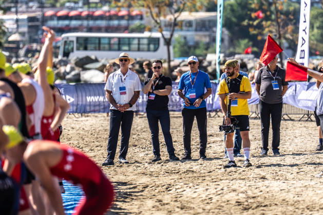 2026 Europe Triathlon Cup Alanya ANTALYA, TURKEY - OCTOBER 24: Technical officials look on as athletes line up at the start prior to the elite men race of 2026 Europe Triathlon Cup Alanya on October 24, 2026 in Antalya, Turkey. Antalya Turkey Copyright: xYagizxGurtug PSxImagesxYagizxGurtug PSxImagesx