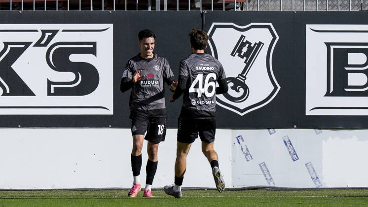 From left: Goal scorer Dean Melo (Aalen, 18) and Gianluca Gaudino (Aalen, 46), players for VfR Aalen, celebrate the goal that made it 0–1, Celebration, goal celebration, scoring a goal, celebrating the goal, goal, celebration, celebrating the goal, joy, happiness, happy, optimistic, positive, game scene, highlight, action, 10 24 2026, Sandhausen, Germany, soccer, Regionalliga Southwest, SV Sandhausen vs. VfR Aalen xozx