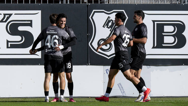 From left: Gianluca Gaudino (Aalen, 46), goal scorer Dean Melo (Aalen, 18), Henrick Selitaj (Aalen, 25), Michael Kleinschrodt (Aalen, 9), players from VfR Aalen, celebrating the goal that made it 0–1, Celebration, goal celebration, scoring a goal, celebrate the goal, goal, celebration, celebrating the goal, joy, happiness, happy, optimistic, positive, game scene, highlight, action, 10 24 2026, Sandhausen, Germany, soccer, Regionalliga Südwest, SV Sandhausen vs. VfR Aalen xozx