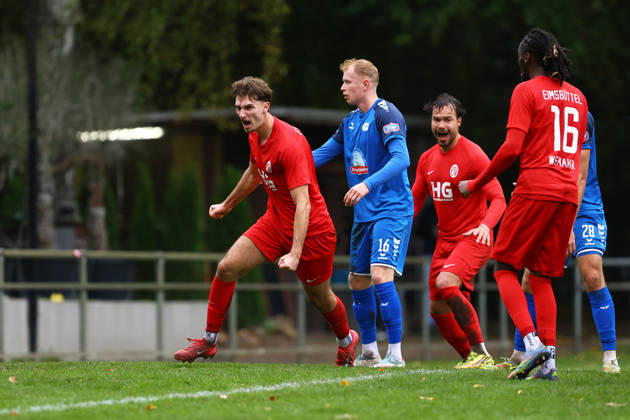3 Albin Nishori of Eimsbütteler TV celebrates his goal, making the score 1–0. Soccer I Men’s I Regionalliga Nord I 2026–2027 Season I Matchday 15 I Eimsbütteler TV vs. SSV Jeddeloh II I October 24, 2026 I Hinschenfelde Sports Park