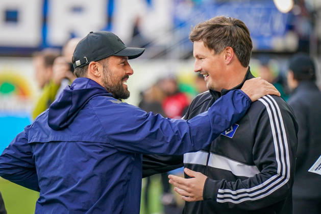 German Soccer Bundesliga 2026–2027, Matchday 7: SC Paderborn vs. Hamburger SV at Home Deluxe Arena in Paderborn; Ralf Kettemann, Paderborn coach, and Merlin Polzin, Hamburger SV coach Copyright: xJOERANxSTEINSIEKx