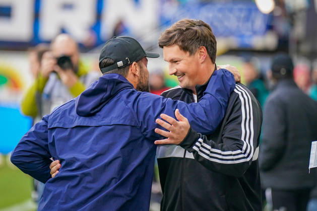 German Soccer Bundesliga 2026–2027, Matchday 7: SC Paderborn vs. Hamburger SV at Home Deluxe Arena in Paderborn; Ralf Kettemann, Paderborn coach, and Merlin Polzin, Hamburger SV coach Copyright: xJOERANxSTEINSIEKx
