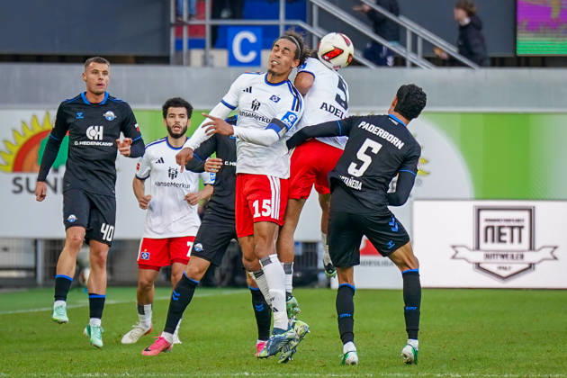 Germany Soccer Bundesliga 2026–2027, Matchday 7: SC Paderborn vs. Hamburger SV at Home Deluxe Arena, Paderborn. Yussuf Poulsen (Hamburger SV), 15 (header off a cross by Santiago Castaneda, Paderborn); 5 (Gabriel Vidovic, Paderborn); 40 (Gabriel Vidovic, Zakaria El Ouahdi, Hamburger SV); 7 Copyright: xJOERANxSTEINSIEKx