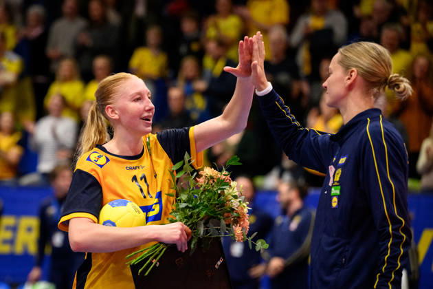 Handball, International Friendly, Sweden vs. Brazil, October 24, 2024: Tyra Axnér of Sweden celebrates after the international friendly handball match between Sweden and Brazil on October 24, 2026 in Jönköping. Photo by Carl Sandin, BILDBYRÅN, code CS CS0996: handball, Swedish national handball team, Sweden, Brazil, women s handball, celebration Copyright: CARLxSANDIN BB261024CS040