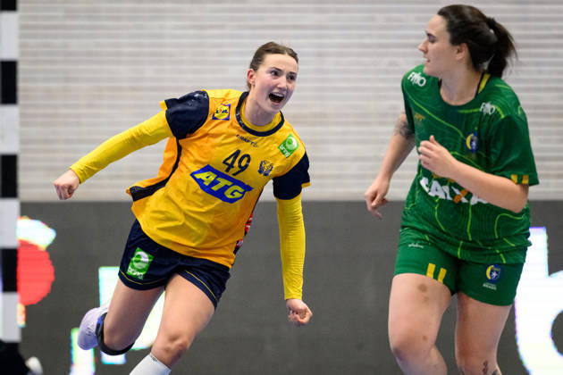 Handball, International Friendly, Sweden vs. Brazil, October 24, 2024: Olivia Löfqvist of Sweden celebrates during the international friendly handball match between Sweden and Brazil on October 24, 2026 in Jönköping. Photo by Carl Sandin, BILDBYRÅN, code CS CS0996. handball, Swedish national handball team, Sweden, Brazil, women s handball, celebration Copyright: CARLxSANDIN BB261024CS047