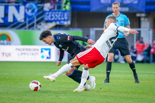 Germany Soccer Bundesliga 2026–2027, Matchday 7: SC Paderborn vs. Hamburger SV at Home Deluxe Arena, Paderborn; Santiago Castaneda (Paderborn), 5; Miro Muheim (Hamburger SV), 28; Referee: Martin Petersen (Stuttgart) Copyright: xJOERANxSTEINSIEKx