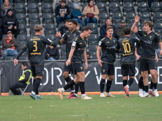Goal to make it 0–1 by Joel da Silva Kiala, TSV Alemannia Aachen, 37th minute, second from the left; goal celebration, team celebration, joy, emotion, team cheers, gestures, GER, soccer, VfB Stuttgart II vs. Alemannia Aachen, 3rd Division, Matchday 11, Aspach, 2026–2027 season, October 24, 2026 GER, soccer, VfB Stuttgart II vs. Alemannia Aachen, 3rd Division, Matchday 11, Aspach, 2026–2027 season, October 24, 2026 Aspach Copyright: xCarstenxSchweringx EP_CSG