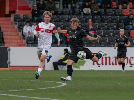 Shot on goal by Mika Schroers of TSV Alemannia Aachen, No. 27 in the penalty area, scoring chance, action in the box, offensive play, attack, goal threat GER, soccer, VfB Stuttgart II vs. Alemannia Aachen, 3rd Division, Matchday 11, Aspach, 2026–2027 season, October 24, 2026, GER, soccer, VfB Stuttgart II vs. Alemannia Aachen, 3. Liga, Matchday 11, Aspach, 2026–2027 season, October 24, 2026, Aspach Copyright: xCarstenxSchweringx EP_CSG