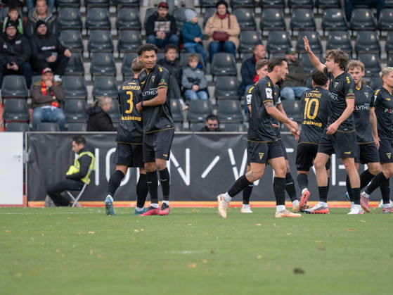 Goal to make it 0–1 by Joel da Silva Kiala, TSV Alemannia Aachen, 37th minute, second from the left; goal celebration, team celebration, joy, emotion, team cheers, gestures, GER, soccer, VfB Stuttgart II vs. Alemannia Aachen, 3rd Division, Matchday 11, Aspach, 2026–2027 season, October 24, 2026 GER, soccer, VfB Stuttgart II vs. Alemannia Aachen, 3rd Division, Matchday 11, Aspach, 2026–2027 season, October 24, 2026 Aspach Copyright: xCarstenxSchweringx EP_CSG