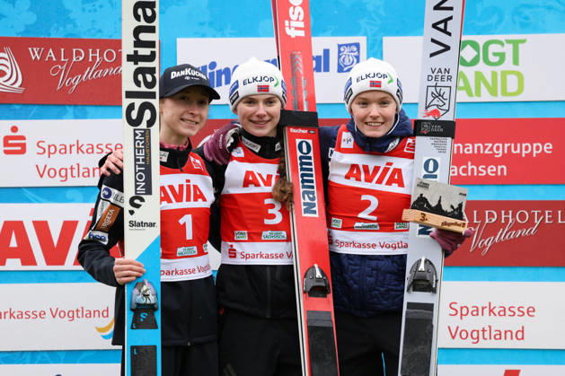 October 24, 2026, Ski Jumping, Women, FIS Summer Grand Prix, 2026 Season, Individual Final Podium, from left: Nika Prevc (SLO), Ingvild Synnoeve Midtskogen (NOR), Eirin Maria Kvandal (NOR), Klingenthal Vogtland Arena, Saxony, Germany
