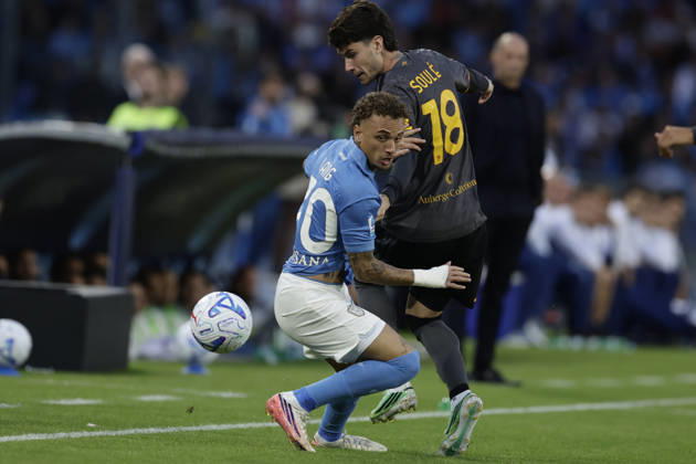Italy: Serie a football match SSC Napoli vs AS Roma Roma™s Argentinian forward Matias Soule challenges for the ball with Napoli s Dutch midfielder Noa Lang during the Serie A football match between SSC Napoli and AS Roma at the Diego Armando Maradona Stadium in Naples, October 24, 2026. _BPH5082 Copyright: xAntonioxBalascox