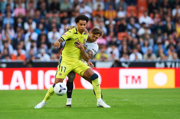 Pablo Maffeo of Valencia CF and Tajon Buchanan of Villarreal CF during the LaLiga EA Sports match between Valencia CF and Villarreal CF at Mestalla on October 24, 2026, in Valencia, Spain