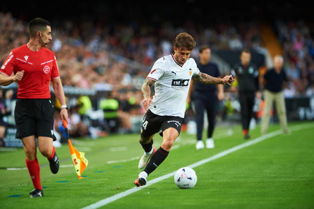 Pablo Maffeo of Valencia CF during the LaLiga EA Sports match between Valencia CF and Villarreal CF at Mestalla on October 24, 2026, in Valencia, Spain