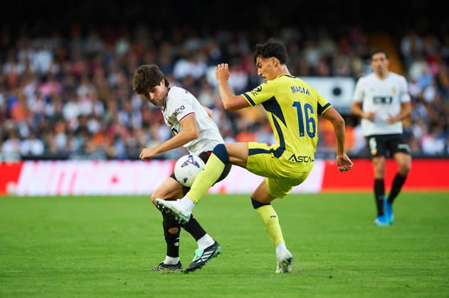 Carlos Macia of Villarreal CF and Javi Guerra of Valencia CF during the LaLiga EA Sports match between Valencia CF and Villarreal CF at Mestalla on October 24, 2026, in Valencia, Spain