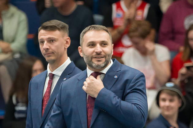 Christopher Schreiber MBC, Assistant Coach; Vladimir Jovanovic MBC, Head Coach; Syntainics MBC vs. Rostock Seawolves, BBL, Men s Basketball 1st Bundesliga, Matchday 6 of the 2026–27 season, October 24, 2026, Weißenfels Stadthalle, Saxony-Anhalt, Germany