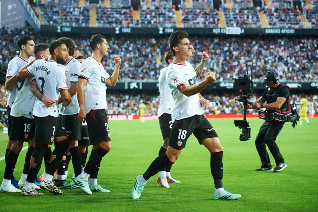 A Valencia CF player celebrates after scoring his team s first goal during the LaLiga EA Sports match between Valencia CF and Villarreal CF at Mestalla on October 24, 2026, in Valencia, Spain