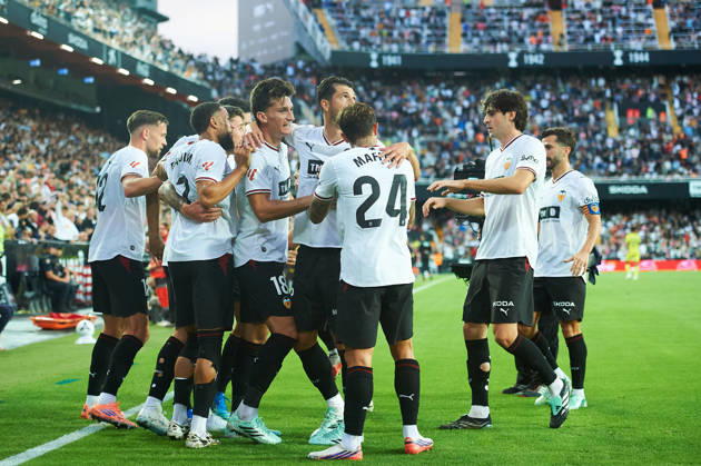 A Valencia CF player celebrates after scoring his team s first goal during the LaLiga EA Sports match between Valencia CF and Villarreal CF at Mestalla on October 24, 2026, in Valencia, Spain
