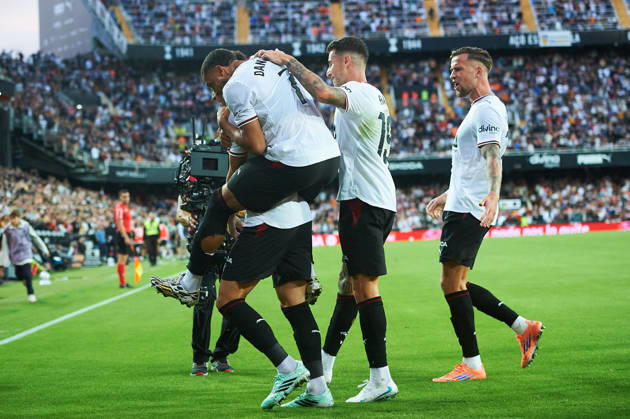 A Valencia CF player celebrates after scoring his team s first goal during the LaLiga EA Sports match between Valencia CF and Villarreal CF at Mestalla on October 24, 2026, in Valencia, Spain