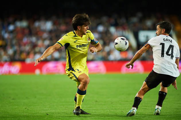 Gerard Moreno of Villarreal CF and Jose Gaya of Valencia CF during the LaLiga EA Sports match between Valencia CF and Villarreal CF at Mestalla on October 24, 2026, in Valencia, Spain