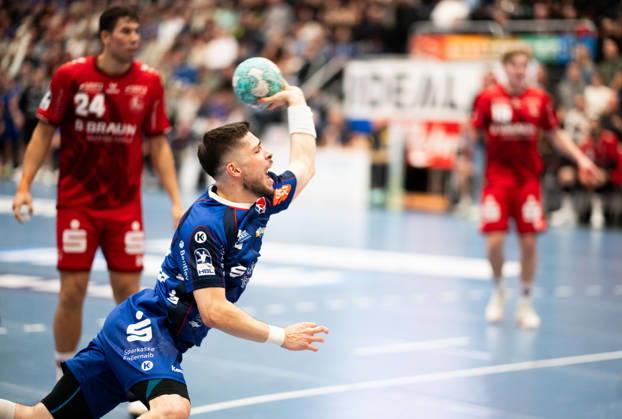 Elias Fuegel, HBW Balingen Weilstetten, 24, at the circle, HBW Balingen Weilstetten vs. MT Melsungen (GER), Opel 1 Handball Bundesliga, Championship, Matchday 10, 2026–2027 Season, October 24, 2026, Eibner Press Photo: Andreas Ulmer, HBW Balingen Weilstetten vs. MT Melsungen GER, Opel 1 Handball Bundesliga, Championship, Matchday 10, 2026–2027 season, October 24, 2026, Balingen Copyright: xEibner-Pressefoto AndreasxUlmerx EP_AUR