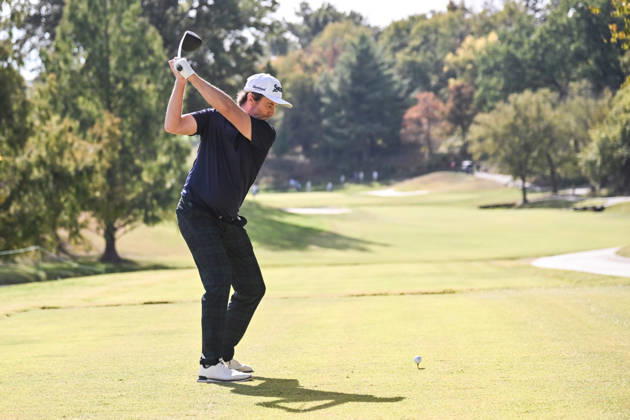 ST. LOUIS , MO - OCTOBER 24: Mark Hensby of Australia starts his swing for his tee shot on the fifth hole during the second round of the PGA, Golf Herren TOUR Champions Stifel Charity Classic on Saturday October 24th, 2026 at Norwood Hills Country Club in St. Louis, MO (Photo by Rick Ulreich Icon Sportswire) GOLF: OCT 24 PGA TOUR Champions Stifel Charity Classic EDITORIAL USE ONLY Icon4304249