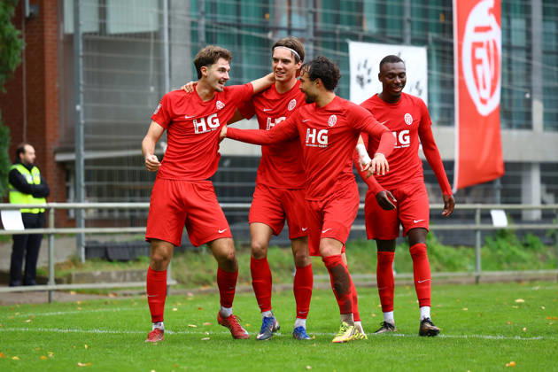 3 Albin Nishori of Eimsbütteler TV celebrates his goal—making the score 1–0—with his teammates. Soccer Men’s Regionalliga Nord 2026–2027 Season Matchday 15 Eimsbütteler TV vs. SSV Jeddeloh II 24–10–2026 I Hinschenfelde Sports Park