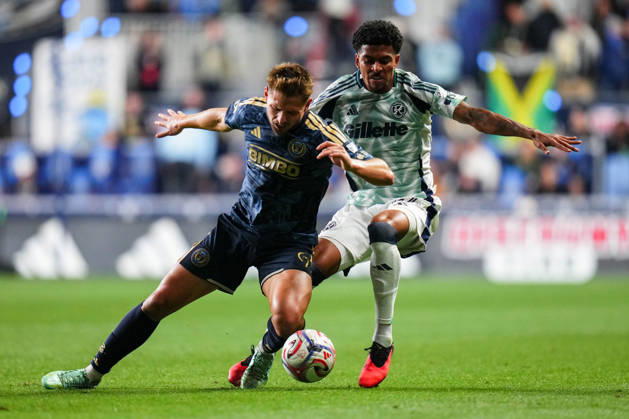 October 24, 2026: Philadelphia Union Forward Bruno Damiani (9) and New England Revolution Defender Joshua Wynder (66) battle for the ball during the first half of an MLS, Fussball Herren, USA match at Subaru Park in Chester, Pennsylvania. CSM MLS 2026: Union Vs Revolution OCT 24  - ZUMAc04_ 20261024_zma_c04_234 Copyright: xKylexRoddenx