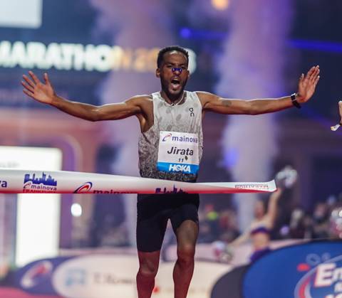 Ethiopian runner Jirata Dinki wins the Mainova Frankfurt Marathon with a winning time of 2:05:26. Finish line and cheers at the Frankfurt Festhalle, October 25, 2026. Ethiopian runner Jirata Dinki wins the Mainova Frankfurt Marathon with a winning time of 2:05:26. Finish line and cheers at the Frankfurt Festhalle. Frankfurt Festhalle, Hesse, Germany JRW01910