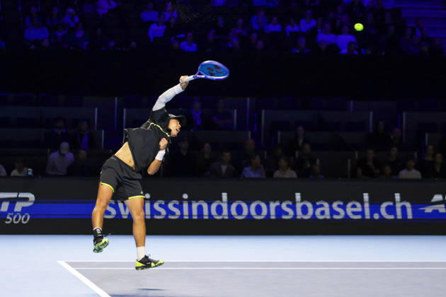RECORD DATE NOT STATED 25th October 2026; St. Jakobshalle, Basel, Switzerland; ATP, Tennis Herren Tennis, Swiss Indoors Basel, Day 2; Qualifying final; Rinky Hijikata of Australia serves AnthonyxBenoit