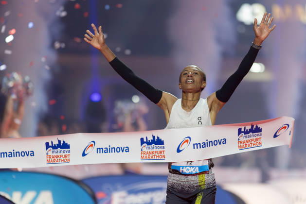Mainova Frankfurt Marathon 2026: Zeineba Yimer of Ethiopia is the first woman to cross the finish line at the Mainova Frankfurt Marathon on October 25, 2026, in Frankfurt am Main, Frankfurt am Main, Hesse, Germany; Festhalle, race course