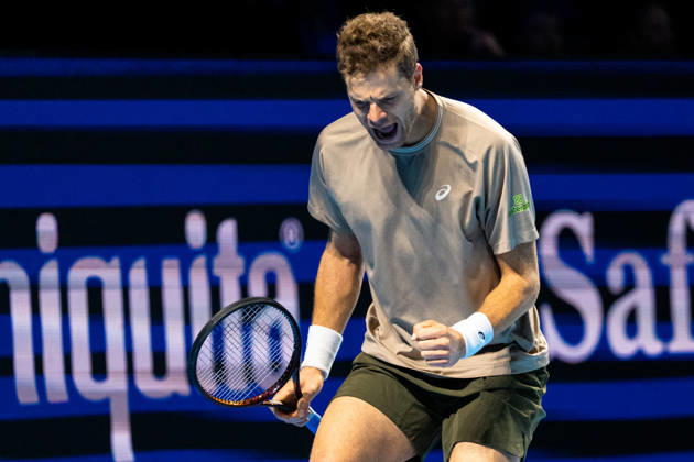 BASEL, SWITZERLAND, OCTOBER 25 Yannick Hanfmann of Germany celebrates after winning his match against Rinky Hijikata of Australia during Day 2 of the Swiss Indoors Basel at St. Jakobshalle on October 25, 2026, in Basel, Switzerland Copyright: xJustPictures.ch PascalxvonxBürenx jp-en-EuSpIm-Pavo_Fotografie-05541