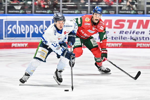 Penny DEL: Augsburger Panther vs. Straubing Tigers, October 25, 2026, AUGSBURG, GERMANY, OCTOBER 25: Joseph DUSZAK of the Straubing Tigers (No. 12) and Trevor PARKES of the Augsburger Panther (No. 84) face off during the Penny DEL match between the Augsburger Panther and the Straubing Tigers on Matchday 12 at Curt Frenzel Stadium Copyright: xBEAUTIFULxSPORTS Goldbergx
