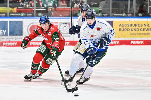 Penny DEL: Augsburger Panther vs. Straubing Tigers, October 25, 2026, AUGSBURG, GERMANY, OCTOBER 25: Jimmy LAMBERT of the Augsburger Panther (23) and Mario ZIMMERMANN of the Straubing Tigers (13) face off during the Penny DEL match between the Augsburger Panther and the Straubing Tigers on Matchday 12 at Curt Frenzel Stadium Copyright: xBEAUTIFULxSPORTS Goldbergx