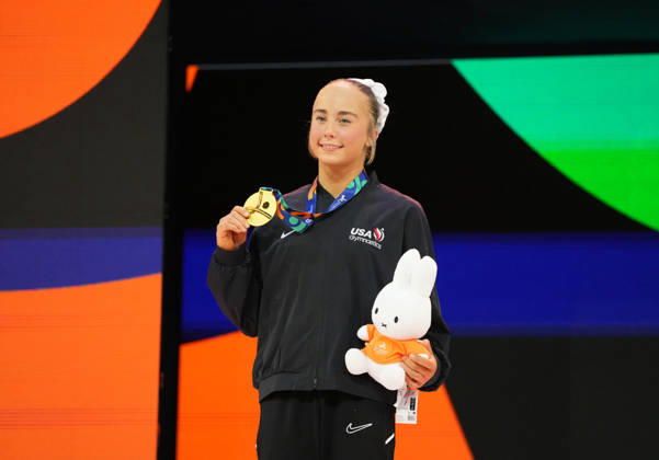 Claire Pease of the U.S. wins gold in the floor exercise during the Artistic Gymnastics competition on Day 9 of the World Championships at Ahoy in Rotterdam, Netherlands, on October 25, 2026. DeFodi Images