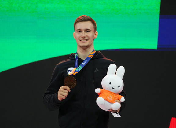 Daniel Marinov of Russia wins bronze in the parallel bars during the artistic gymnastics competition on Day 9 of the World Championships at Ahoy in Rotterdam, Netherlands, on October 25, 2026. DeFodi Images