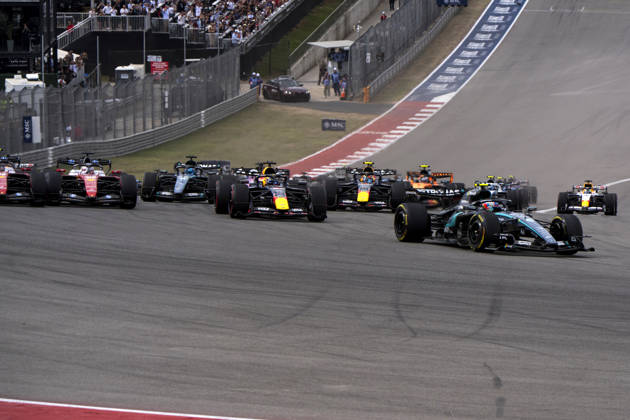Italian Formula One driver Andrea Kimi Antonelli of Mercedes-AMG Petronas leads the pack into turn one on lap one of the Formula One United States Grand Prix at the Circuit of the Americas in Austin, Texas on Sunday, October 25, 2026.  AUS2026102525 GREGxNASH