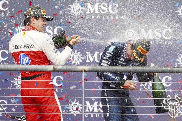 Formula One United States Grand Prix - Race Scuderia Ferrari driver Charles Leclerc (L) of Monaco and Mercedes driver Andrea Kimi Antonelli (R) of Italy celebrate on the podium following the 2026 Formula 1 United States Grand Prix at the Circuit of the Americas, in Austin, Texas, USA, 25 October 2026. AUSTIN TEXAS United States  Copyright: xDUSTINxSAFRANEKx