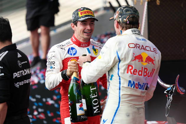 F1 - UNITED STATES GRAND PRIX 2026 LECLERC Charles (mco), Scuderia Ferrari SF-26, portrait and VERSTAPPEN Max (nld), Red Bull Racing Ford RB22, portrait podium during the 2026 Formula 1 United States Grand Prix, 18th round of the 2026 Formula One World Championship, WM, Weltmeisterschaft from October 23 to 25, 2026 on the Circuit of the America, in Austin, Texas, United States of America - AustinUnited States Copyright: xEricxAlonsox