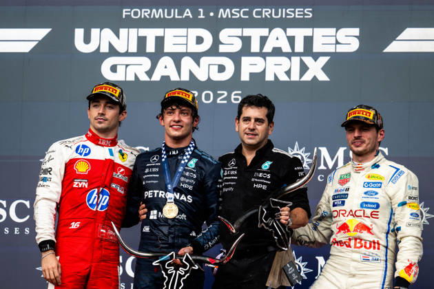 F1 - UNITED STATES GRAND PRIX 2026 KIMI ANTONELLI Andrea (ita), Mercedes AMG F1 Team W16, portrait LECLERC Charles (mco), Scuderia Ferrari SF-26, portrait VERSTAPPEN Max (nld), Red Bull Racing Ford RB22, portrait podium during the 2026 Formula 1 United States Grand Prix, 18th round of the 2026 Formula One World Championship, WM, Weltmeisterschaft from October 23 to 25, 2026 on the Circuit of the America, in Austin, Texas, United States of America - AustinUnited States Copyright: xALBERTOxVIMERCATIx