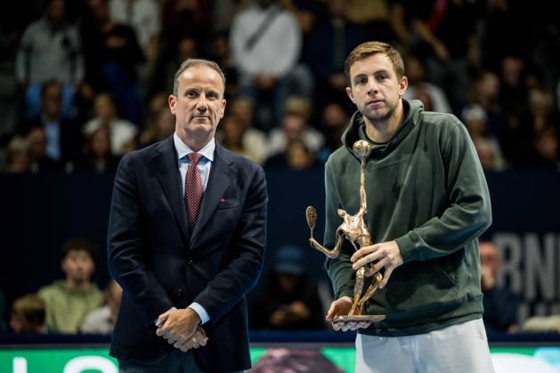 Michael Anseeuw (CEO BNP Paribas), Tallon Griekspoor of the Netherlands, Jan-Lennard Struff of Germany, Kristoff Puelinckx, CEO of Tennium pictured after the European Open ATP, Tennis Herren tennis tournament in Brussels, on Sunday 25 October 2026. This year s edition of the tournament is taking place from 17 to 25 October JASPERxJACOBS  x191048444x