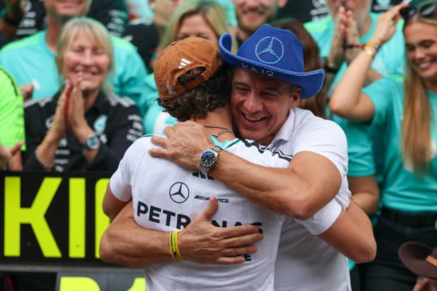 AUSTIN, TX - OCTOBER 25: Andrea Kimi Antonelli (12) of Italy and Mercedes-AMG PETRONAS Formula One Team is hugged by his dad Marco Antonelli after winnig the Formula 1 MSC Cruises United States Grand Prix on October 25, 2026, at Circuit of The Americas in Austin, Texas.(Photo by David Buono Icon Sportswire) AUTO: OCT 25 F1 United States Grand Prix EDITORIAL USE ONLY Icon2610250791