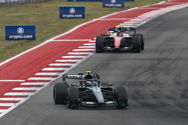 Italian Formula One driver Andrea Kimi Antonelli of Mercedes-AMG Petronas and British Formula One driver Lewis Hamilton of Scuderia Ferrari battle during the Formula One United States Grand Prix at the Circuit of the Americas in Austin, Texas on Sunday, October 25, 2026.  AUS2026102574 GREGxNASH
