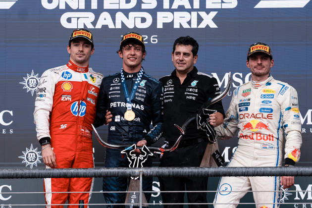 AUSTIN, UNITED STATES, OCT 25: Charles Leclerc (16) of Monaco and Scuderia Ferrari HP, Andrea Kimi Antonelli (12) of Italy and Mercedes-AMG PETRONAS Formula One Team, Mercedes Chief of Aerodynamic Technology Pierluigi Orsi (2R) and Max Verstappen (3) of the Netherlands and Oracle Red Bull Racing stand on the podium after during the F1 Grand Prix of United States at Circuit of The Americas on October 25, 2026 in Austin, Texas (photo by Richard Callis SPP) Copyright: xRichardxCallis SportsxPressxPhotox Sportspressphoto_SPR268472