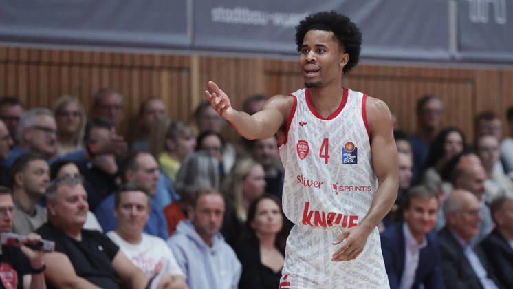 Pictured: Sam Griffin of the Würzburg Baskets looks surprised, April 26, 2026, Fitness First Würzburg Baskets vs. NINERS Chemnitz, easyCredit BBL, Matchday 6, Germany, 97072, tectake Arena Würzburg, Copyright: HMBxMedia xJulienxBecker