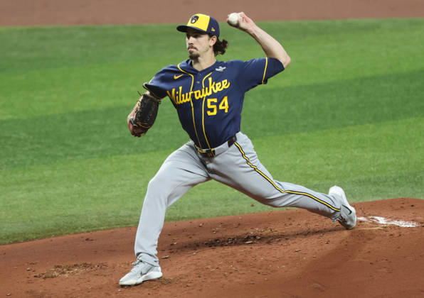 Milwaukee Brewers starting pitcher Robert Gasser (54) throws against the Tampa Bay Rays in the first inning during game three of the 2026 MLB, Baseball Herren, USA World Series at Tropicana Field in St Petersburg, Florida, on Monday, October 26, 2026.  TPB20261026715 AARONxJOSEFCZYK