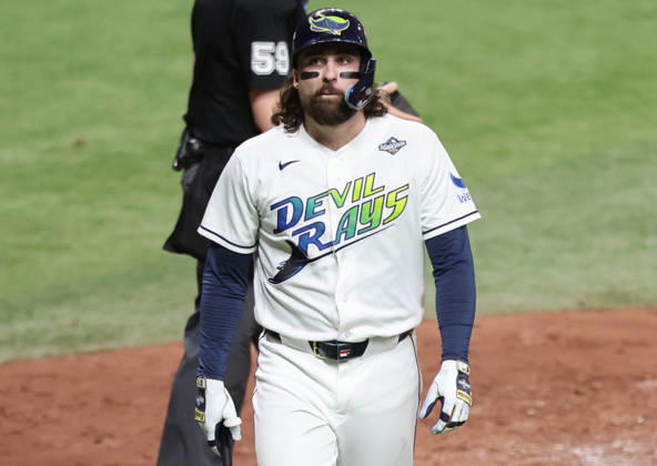 Tampa Bay Rays Ryan Vilade (26) walks away after being called out on strikes following a challenge by Milwaukee Brewers catcher William Contreras in the fourth inning during game three of the 2026 MLB, Baseball Herren, USA World Series at Tropicana Field in St Petersburg, Florida, on Monday, October 26, 2026.  TPB20261026731 AARONxJOSEFCZYK