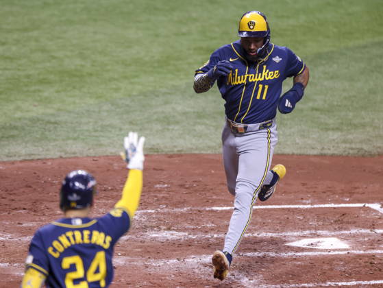MLB, Baseball Herren, USA World Series Game 3 - Tampa Bay Rays v Milwaukee Brewers Milwaukee Brewers left fielder Jackson Chourio scores during the Major League Baseball (MLB) World Series Game 3 between the Milwaukee Brewers and Tampa Bay Rays at Tropicana Field in St. Petersburg, Florida, USA, 26 October 2026. ST. PETERSBURG FLORIDA UNITED STATES  Copyright: xGARYxBOGDONx