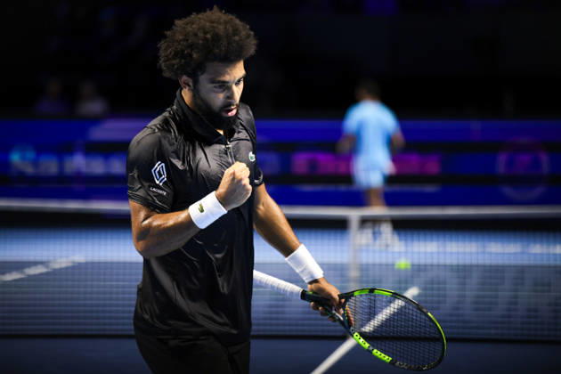 RECORD DATE NOT STATED 27th October 2026; St. Jakobshalle, Basel, Switzerland; ATP, Tennis Herren Tennis, Swiss Indoors Basel, Day 4; First round match; Arthur Fils of France clenches his fist and celebrates winning a point against Giovanni Mpetshi Perricard of France AnthonyxBenoit